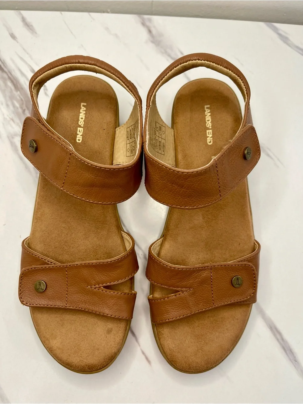 Lands' End Women's Brown Leather Adjustable Strap Sandals cushioned footbed Sz 9